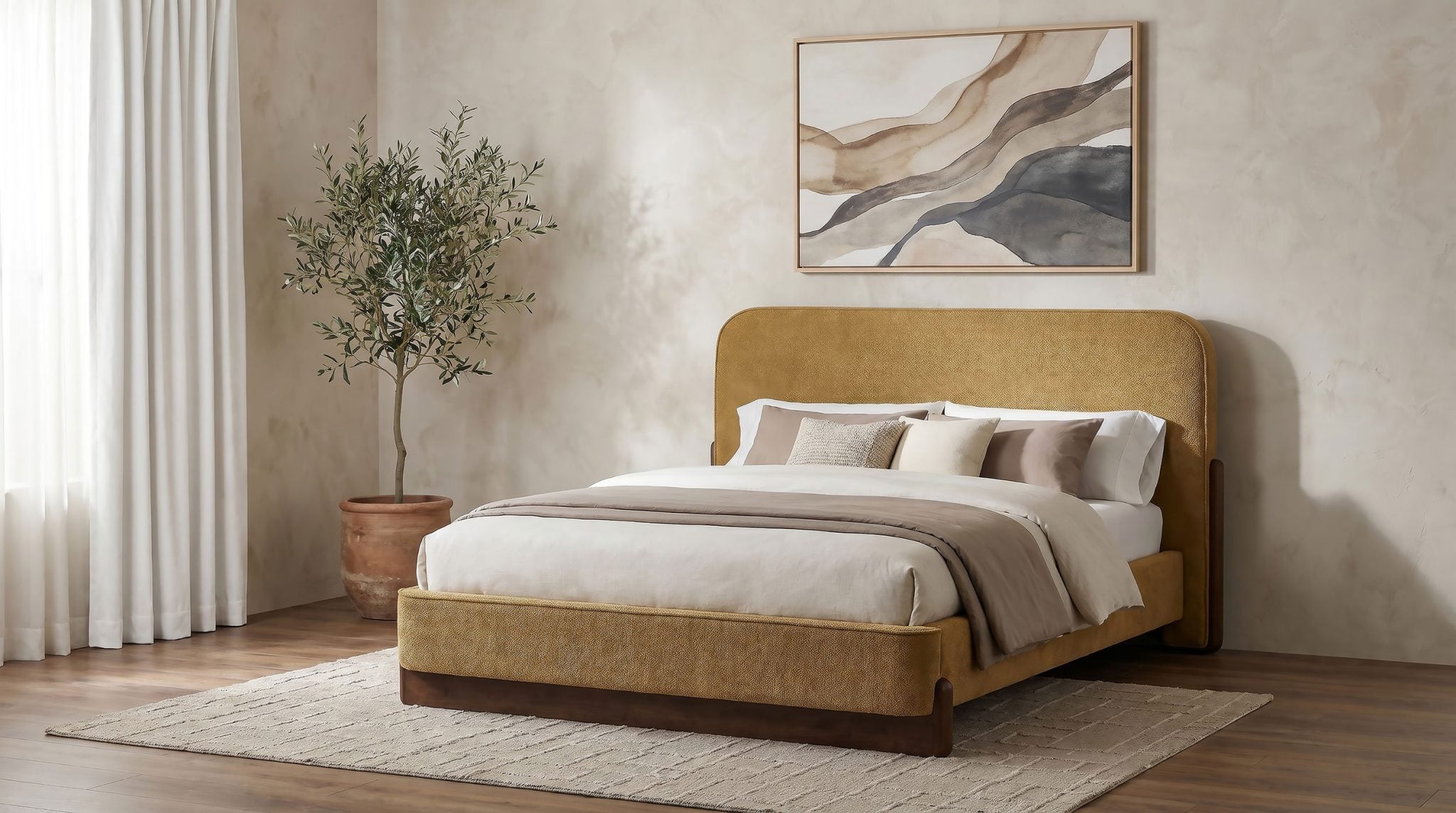 Baldacci queen upholstered platform bed in curry fabric, straight front view