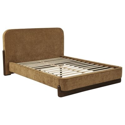 Baldacci queen upholstered platform bed in curry fabric, three-quarter angle view