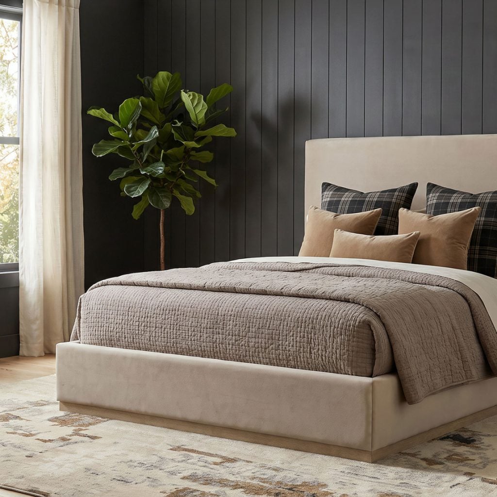 Knox upholstered platform bed in khaki fabric, straight front view