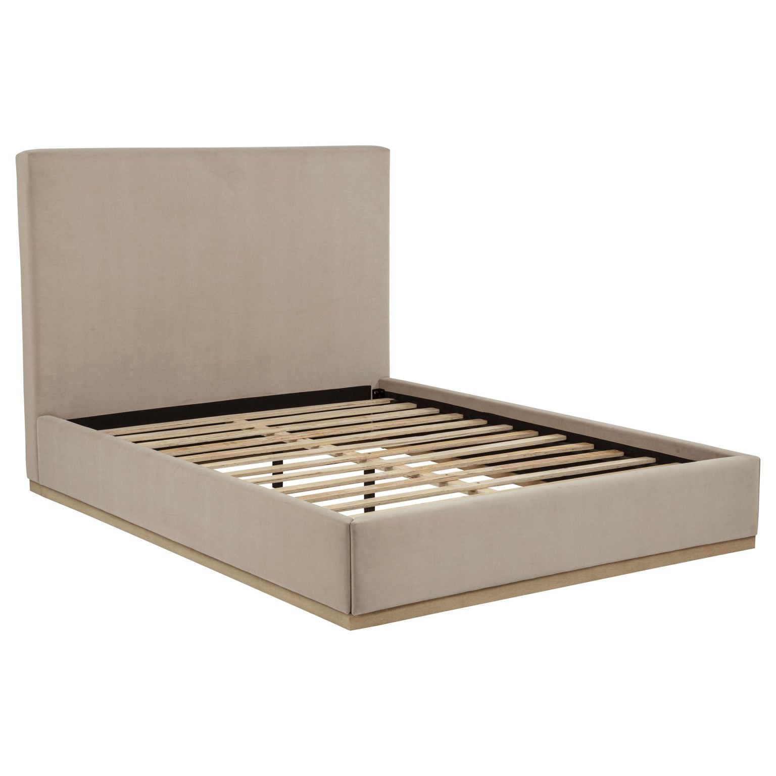 Knox upholstered platform bed in khaki fabric, three-quarter angle view