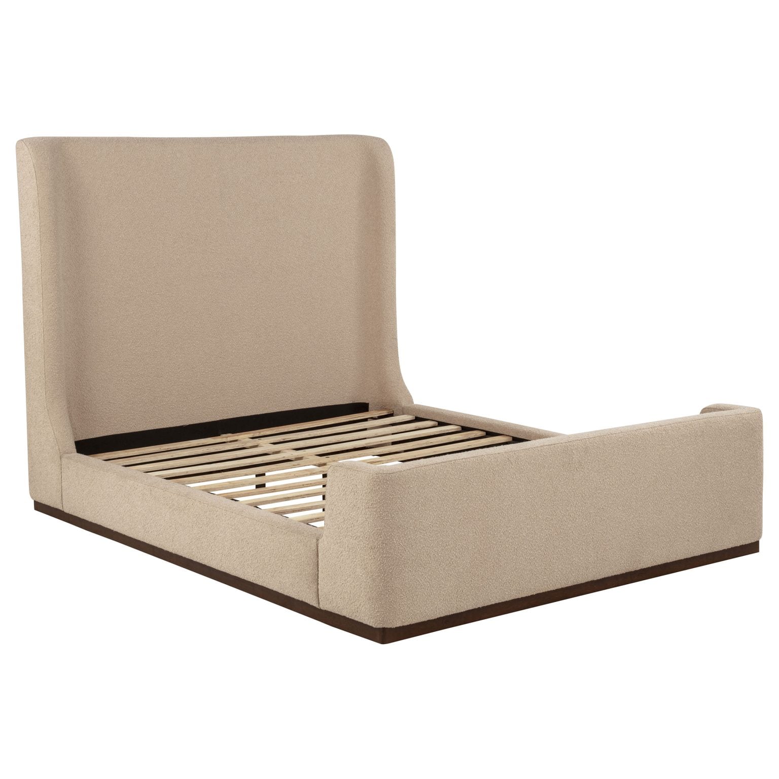 Nala queen upholstered platform bed in tan fabric, angled three-quarter view