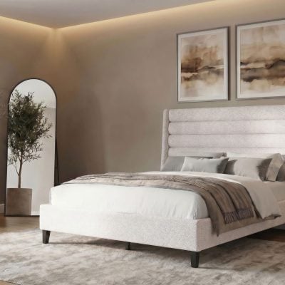 Leslie Queen channel-tufted wingback bed in beige fabric, straight front view