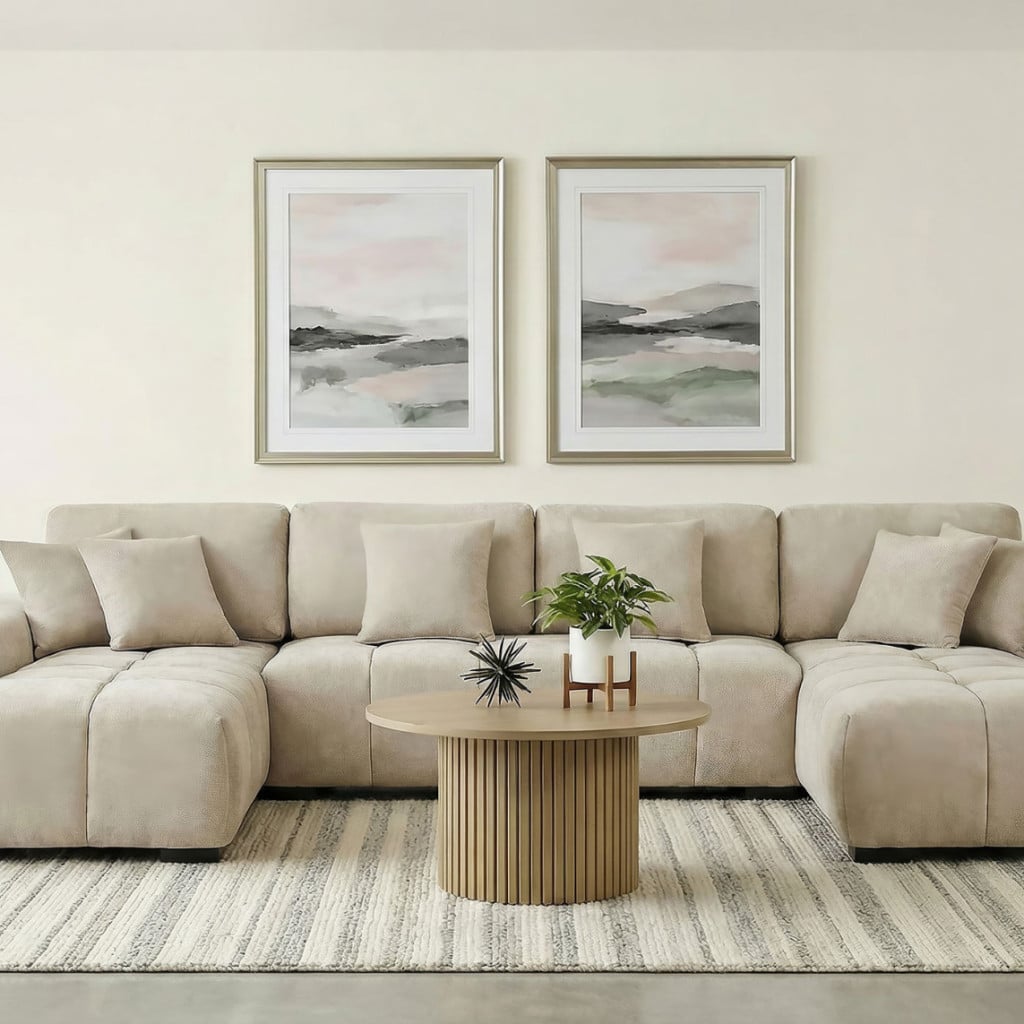 Cannella U-shaped double chaise sectional sofa in beige fabric, straight front view