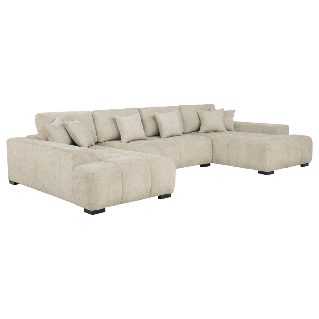 Cannella U-shaped double chaise sectional sofa in beige fabric, three-quarter angle view