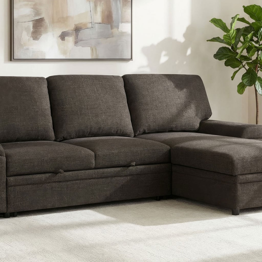 Demko tech sleeper sectional sofa in brown polyester fabric, straight front view