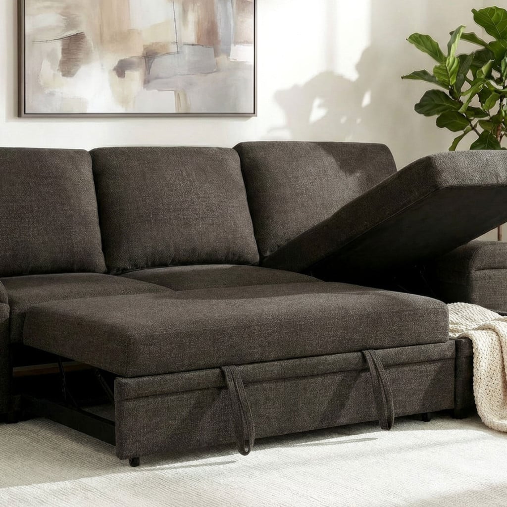 Demko tech sleeper sectional sofa in brown polyester fabric, three-quarter angle view