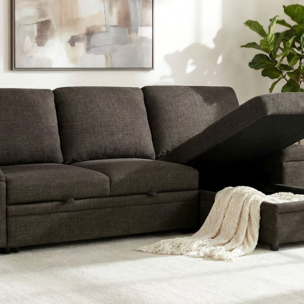 Demko tech sleeper sectional sofa in brown polyester fabric, storage chaise close-up