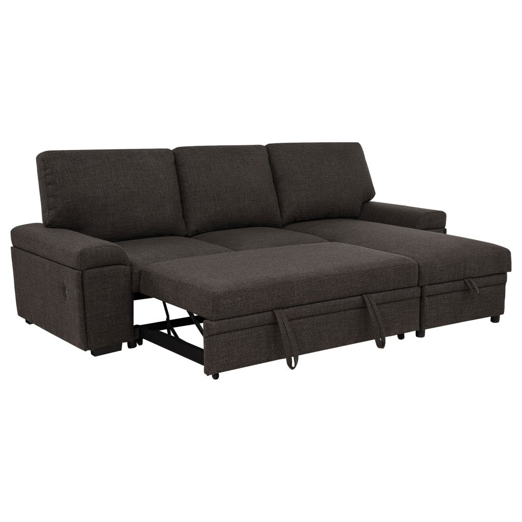 Demko tech sleeper sectional sofa in brown polyester fabric, padded armrest detail