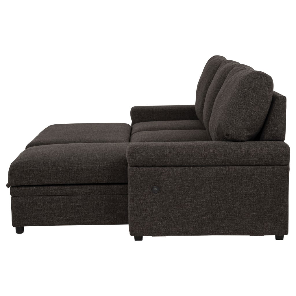 Demko tech sleeper sectional sofa in brown polyester fabric, foam seat cushion detail