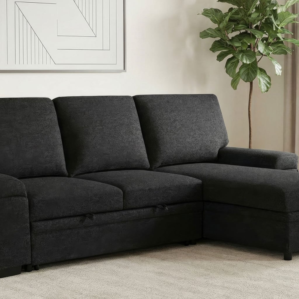 Demko tech sleeper sectional sofa in black polyester fabric, straight front view