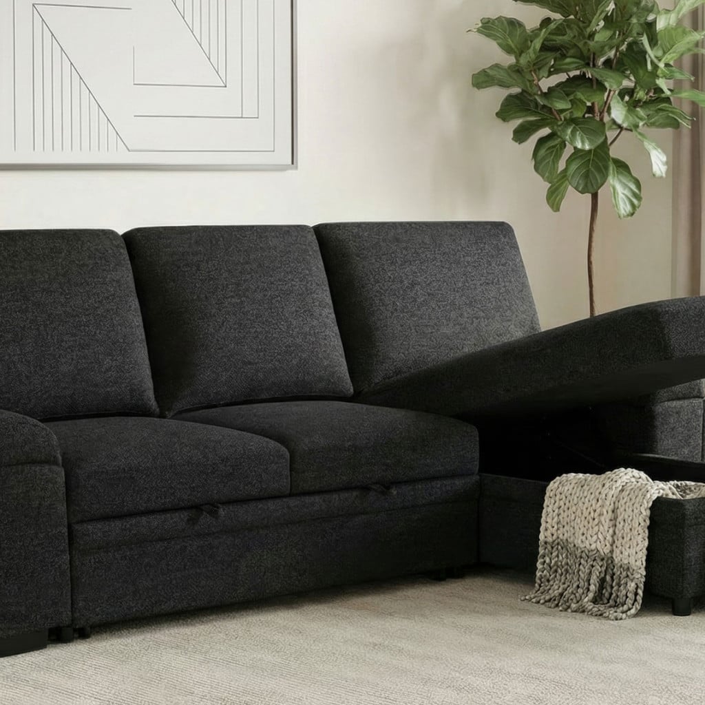 Demko tech sleeper sectional sofa in black polyester fabric, three-quarter angle