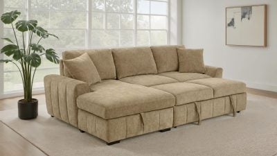 Pastrana sleeper sectional sofa with LAF chaise in camel fabric, three-quarter angle