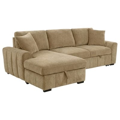 Pastrana sleeper sectional sofa with LAF chaise in camel fabric, camel fabric weave close-up