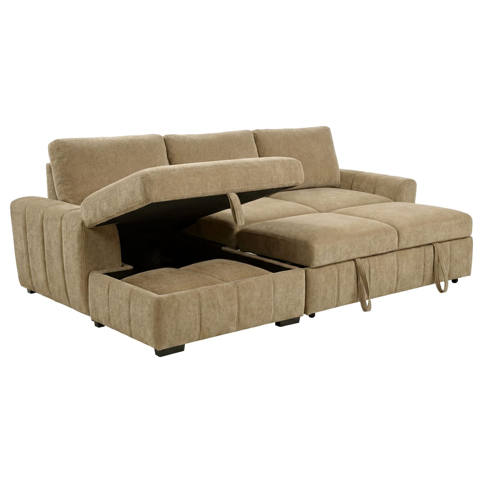 Pastrana sleeper sectional sofa with LAF chaise in camel fabric, wide track arm close-up