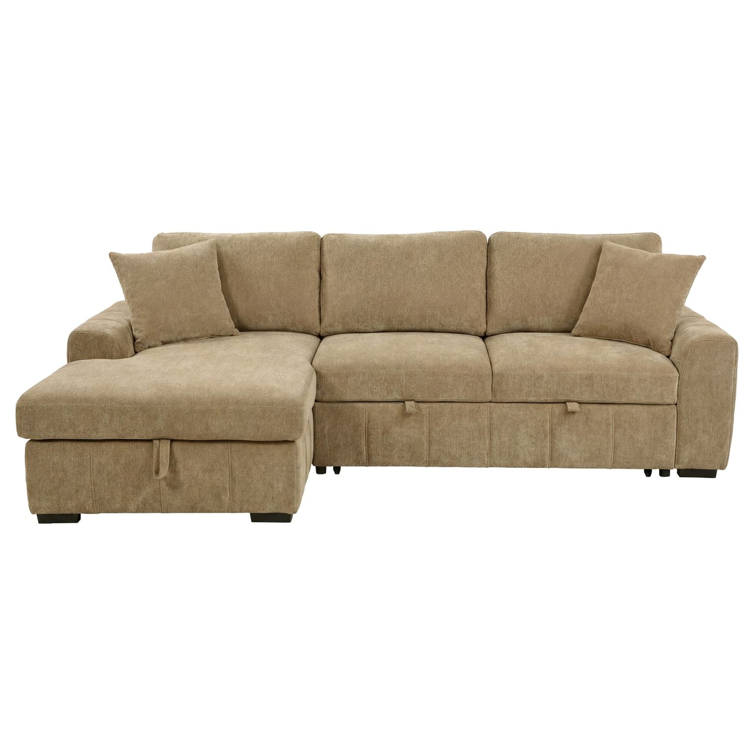 Pastrana sleeper sectional sofa with LAF chaise in camel fabric, channel-paneled front detail