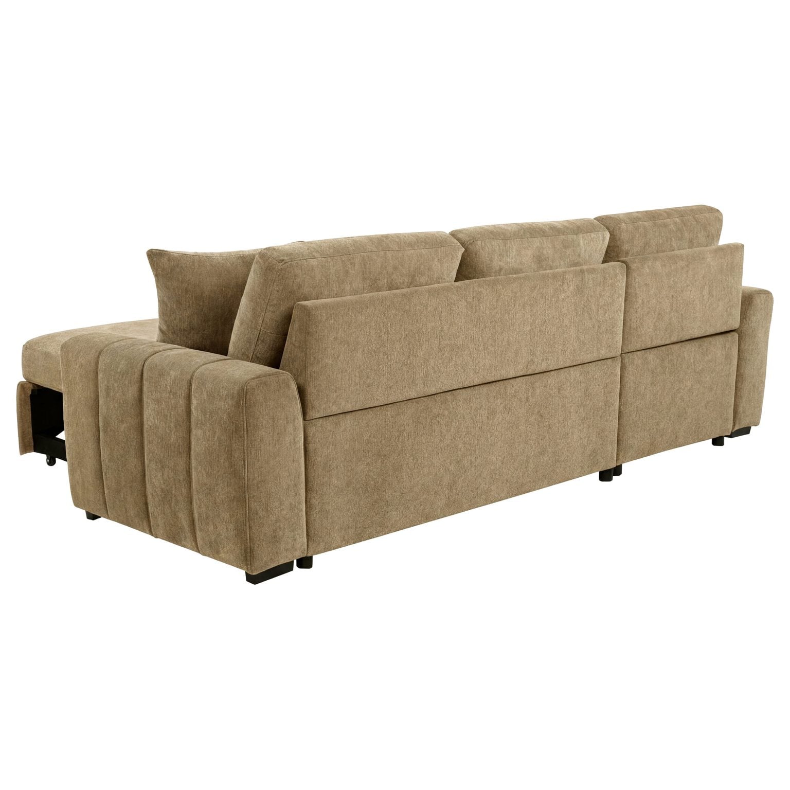 Pastrana sleeper sectional sofa with LAF chaise in camel fabric, pull-out guest bed extended