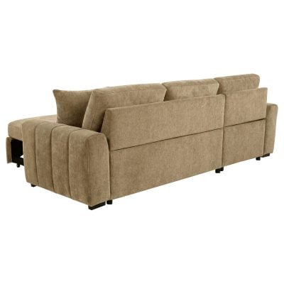 Pastrana sleeper sectional sofa with LAF chaise in camel fabric, pull-out guest bed extended