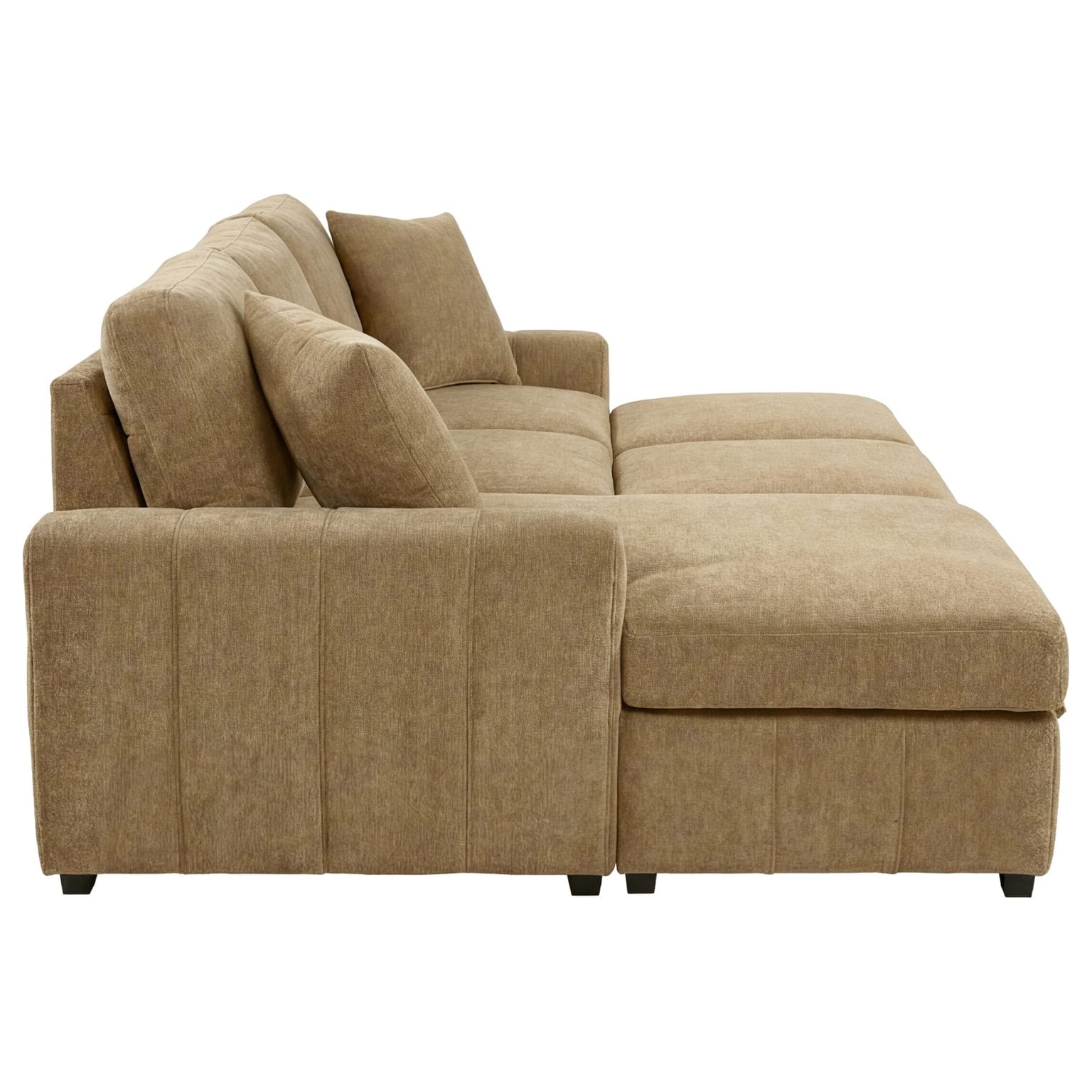 Pastrana sleeper sectional sofa with LAF chaise in camel fabric, deep seat cushion close-up