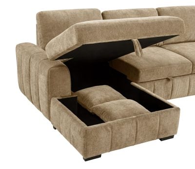 Pastrana sleeper sectional sofa with LAF chaise in camel fabric, overhead view of the layout