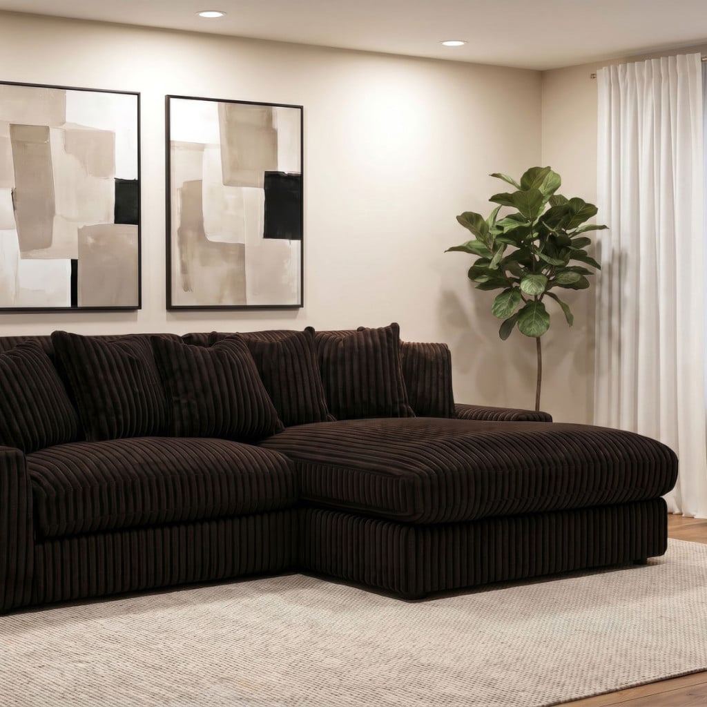 Blaine reversible chaise sectional sofa in chocolate brown corduroy fabric, straight front view