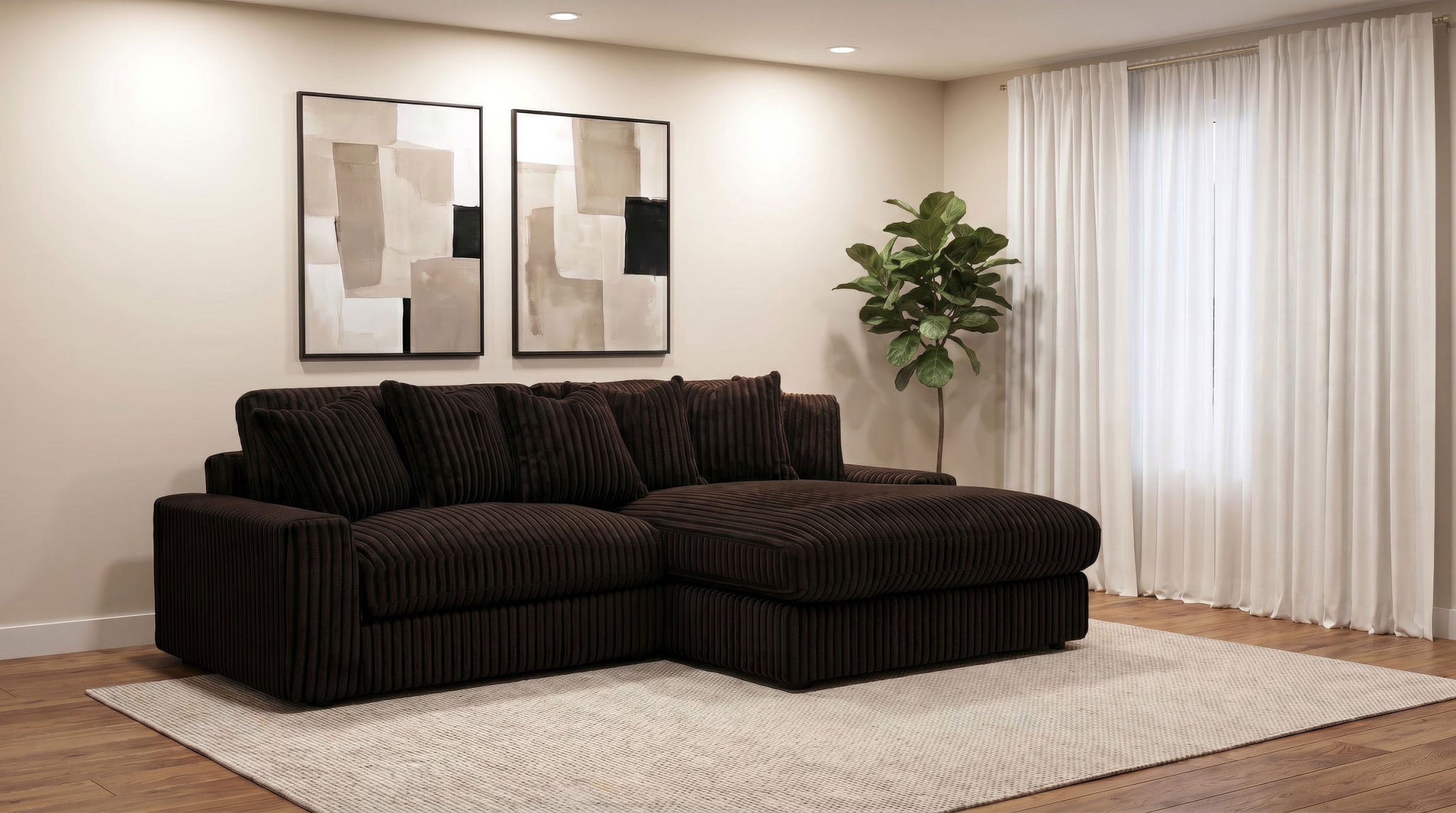 Blaine reversible chaise sectional sofa in chocolate brown corduroy fabric, straight front view