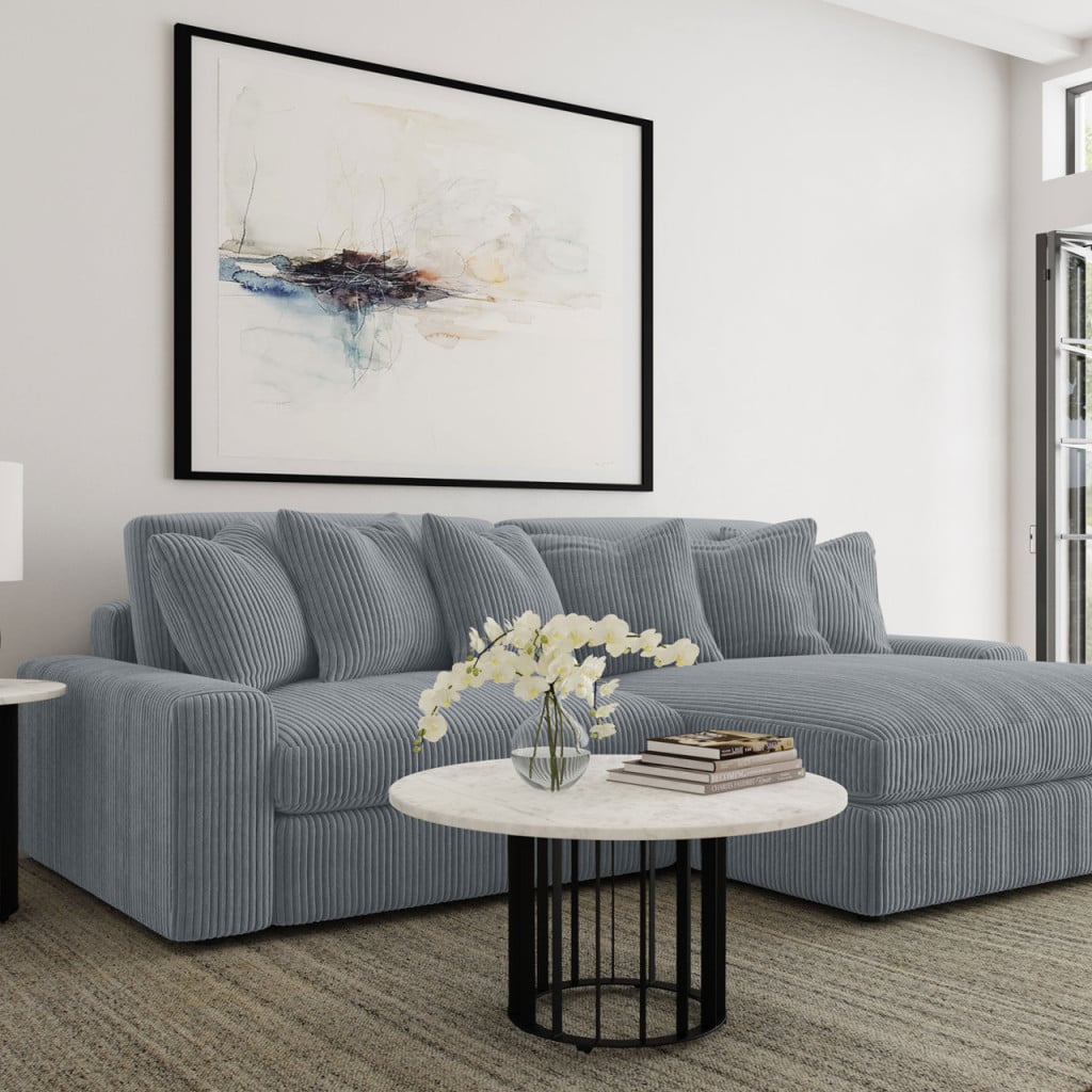 Blaine reversible chaise sectional sofa in fog grey corduroy fabric, straight front view