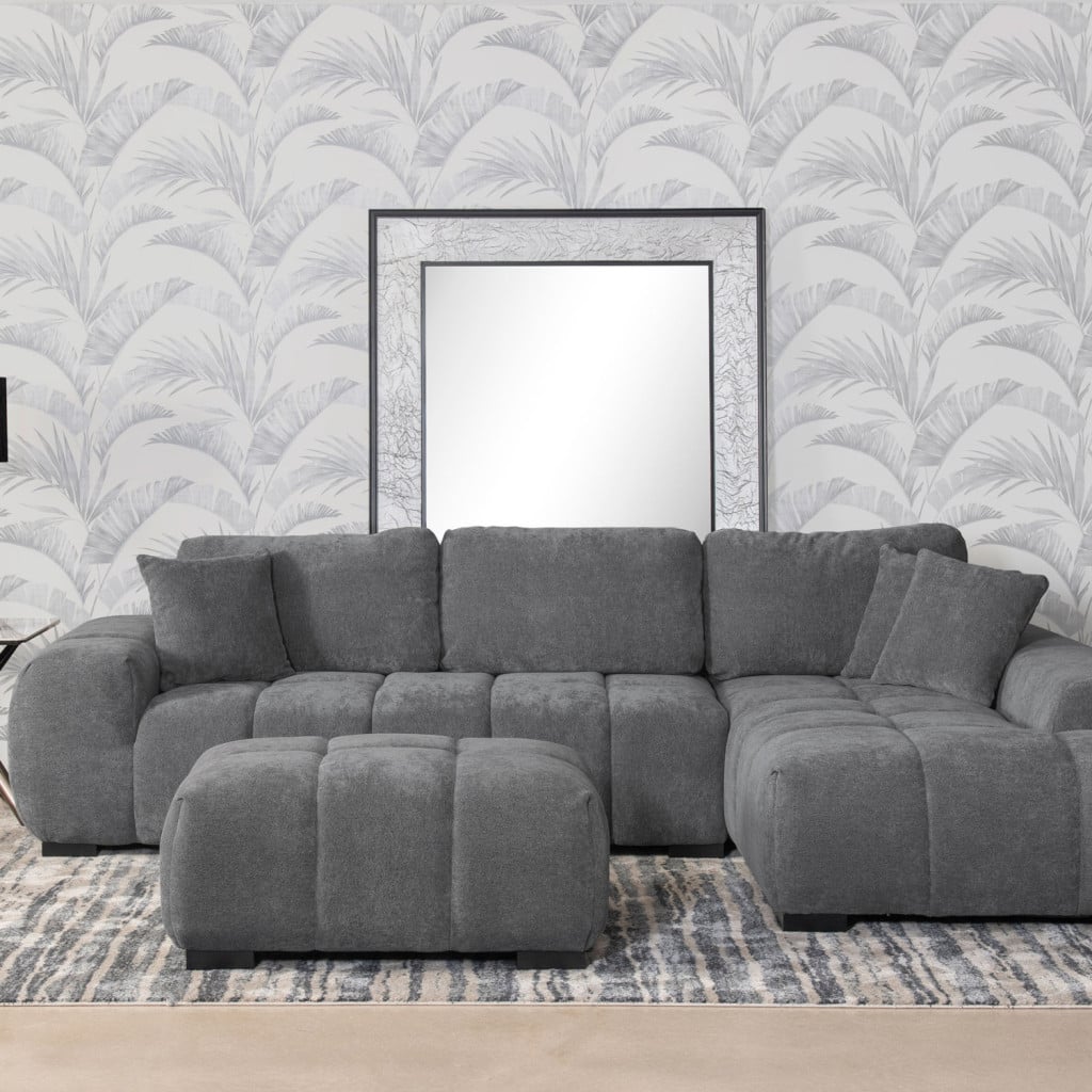 Octavia tufted chaise sectional sofa in charcoal grey polyester fabric, straight front view