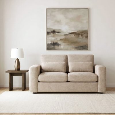 Amador chenille track arm loveseat in camel chenille fabric, straight front view