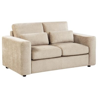 Amador chenille track arm loveseat in camel chenille fabric, three-quarter angle view