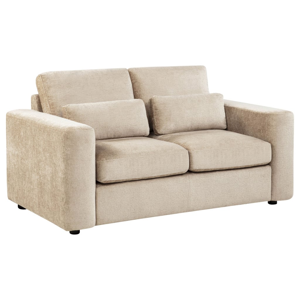 Amador chenille track arm loveseat in camel chenille fabric, three-quarter angle view