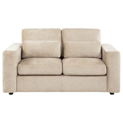 Amador chenille track arm loveseat in camel chenille fabric, broad track arm close-up