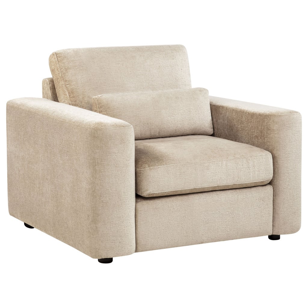 Amador chenille track arm accent chair in camel chenille fabric, three-quarter angle view