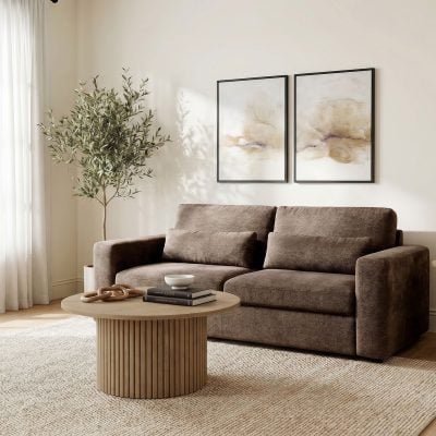 Amador chenille track arm sofa in chocolate brown chenille fabric, straight front view