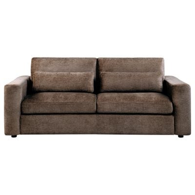 Amador chenille track arm sofa in chocolate brown chenille fabric, broad track arm detail
