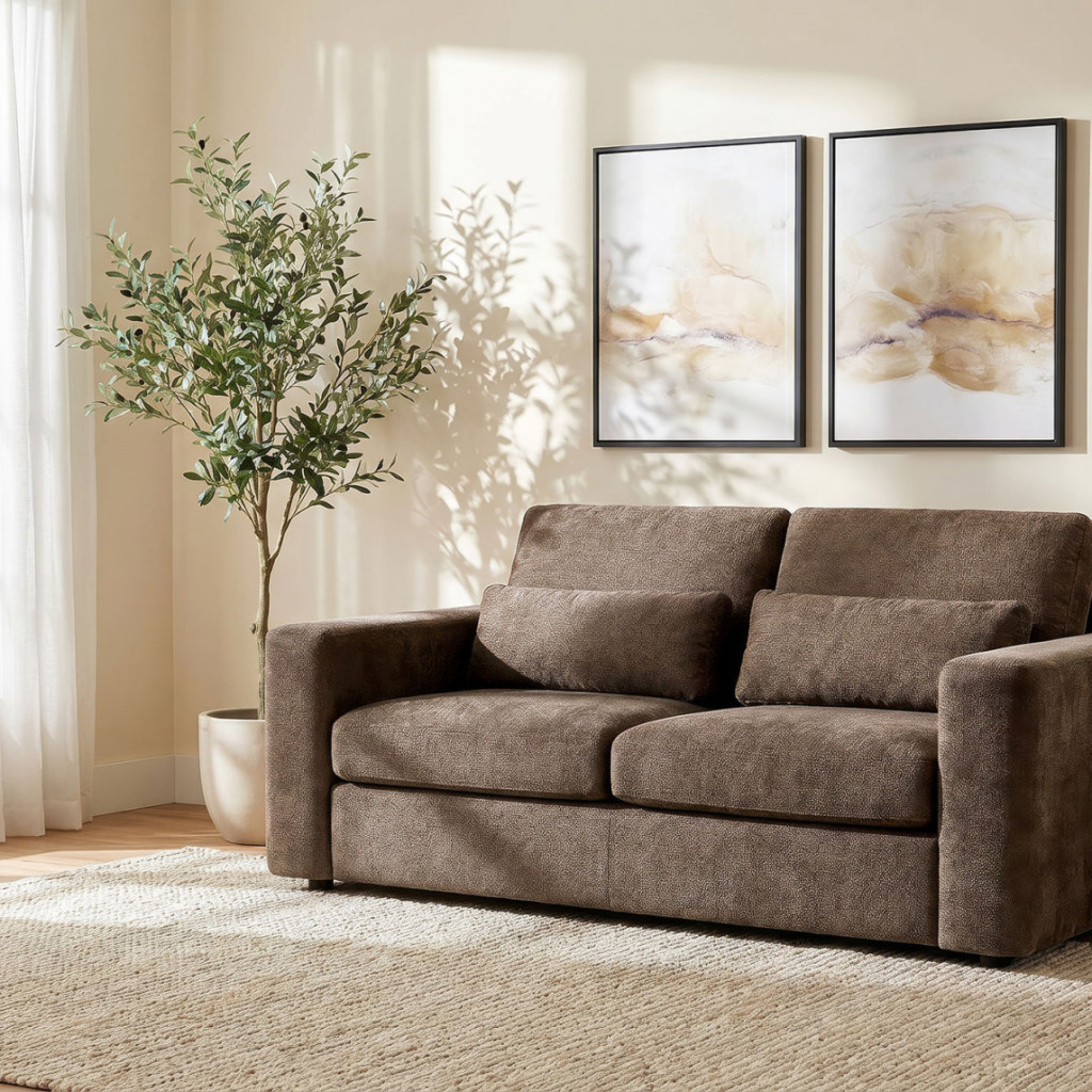 Amador chenille track arm loveseat in chocolate brown chenille fabric, straight front view