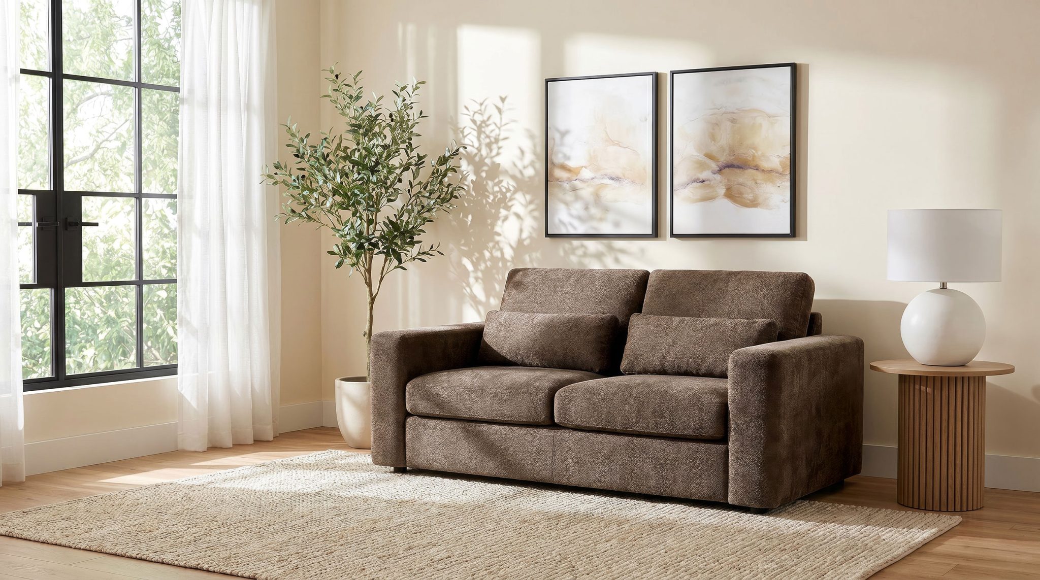 Amador chenille track arm loveseat in chocolate brown chenille fabric, straight front view