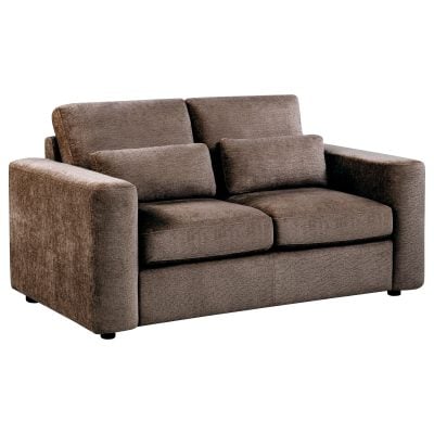 Amador chenille track arm loveseat in chocolate brown chenille fabric, three-quarter angle view