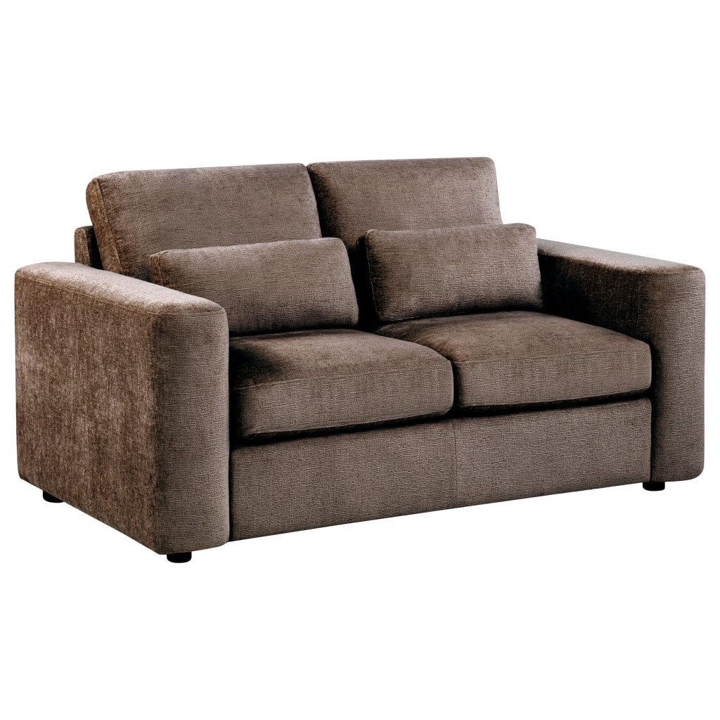 Amador chenille track arm loveseat in chocolate brown chenille fabric, three-quarter angle view