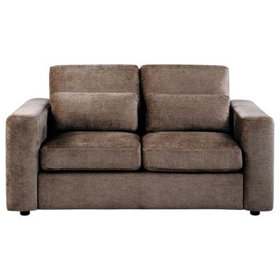 Amador chenille track arm loveseat in chocolate brown chenille fabric, broad track arm close-up