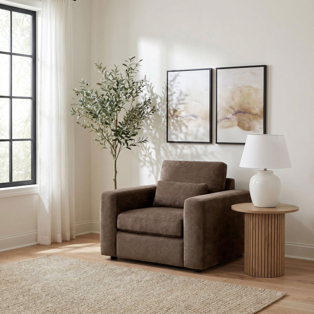 Amador chenille track arm accent chair in chocolate brown chenille fabric, straight front view