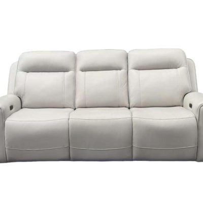 Rojas dual power reclining sofa with drop-down console in greige faux leather, straight front view with reading lights and LED underbody glow
