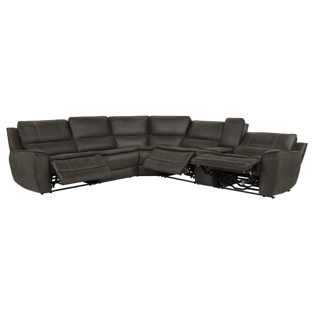 Marcell power reclining sectional with console in grey polyester fabric, three-quarter angle view
