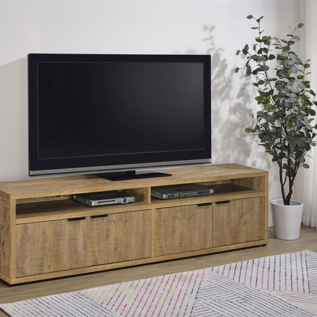 Tabby 79-inch TV stand in mango wood, straight front view