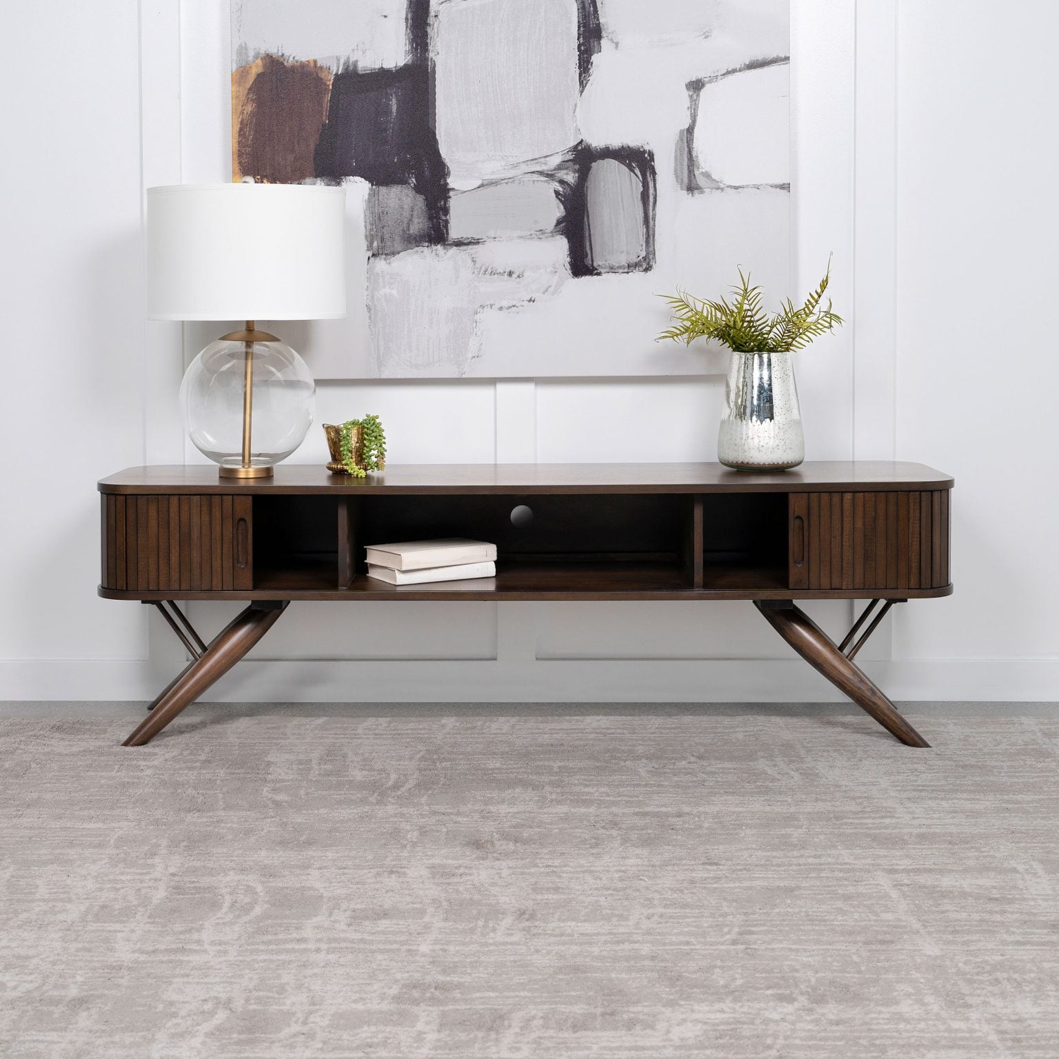Valna 71-inch TV stand in walnut wood, straight front view