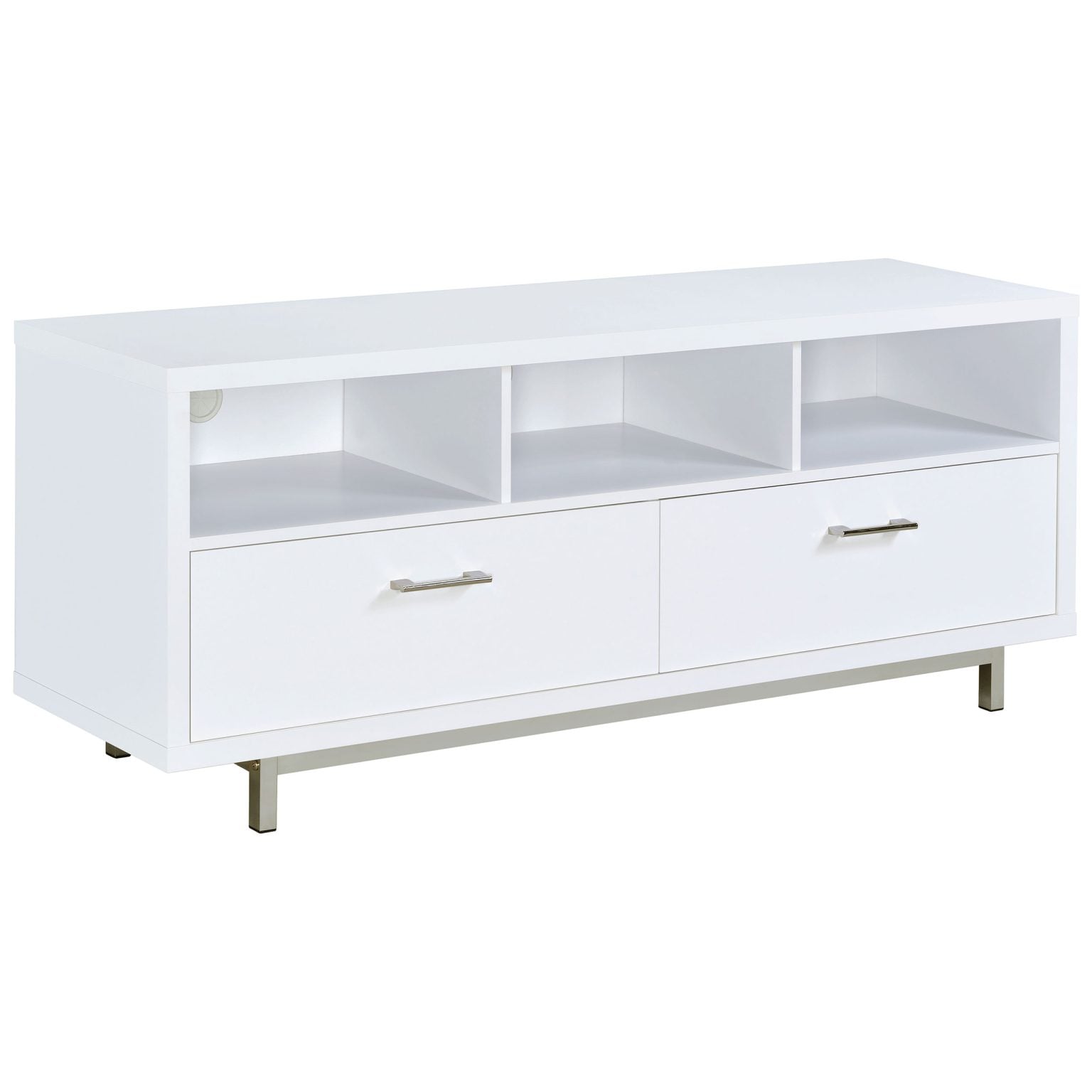 Casey 2-drawer TV stand in white wood, three-quarter angle view