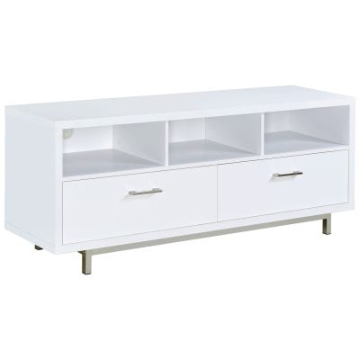 Casey 2-drawer TV stand in white wood, three-quarter angle view