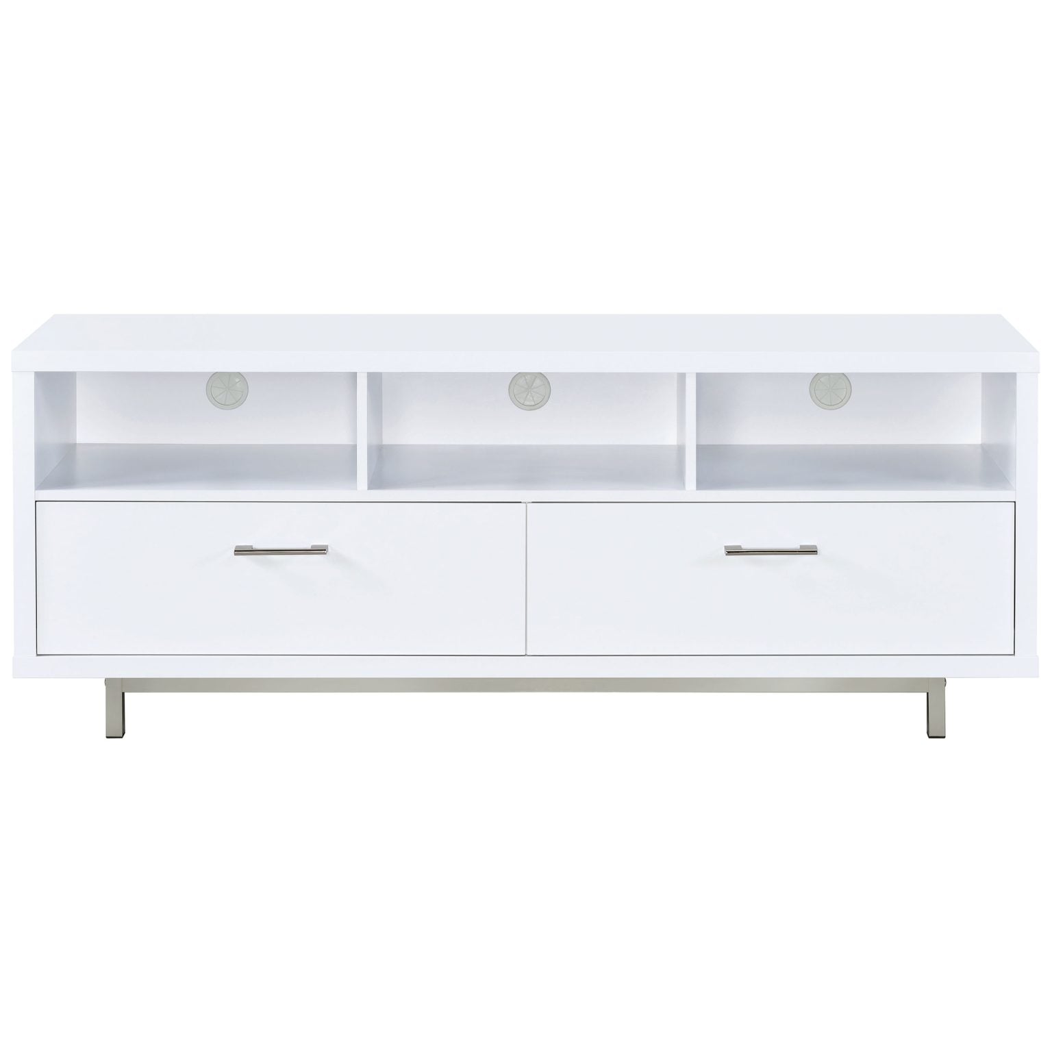 Casey 2-drawer TV stand in white wood, drawers and open compartments front view