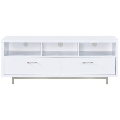 Casey 2-drawer TV stand in white wood, drawers and open compartments front view