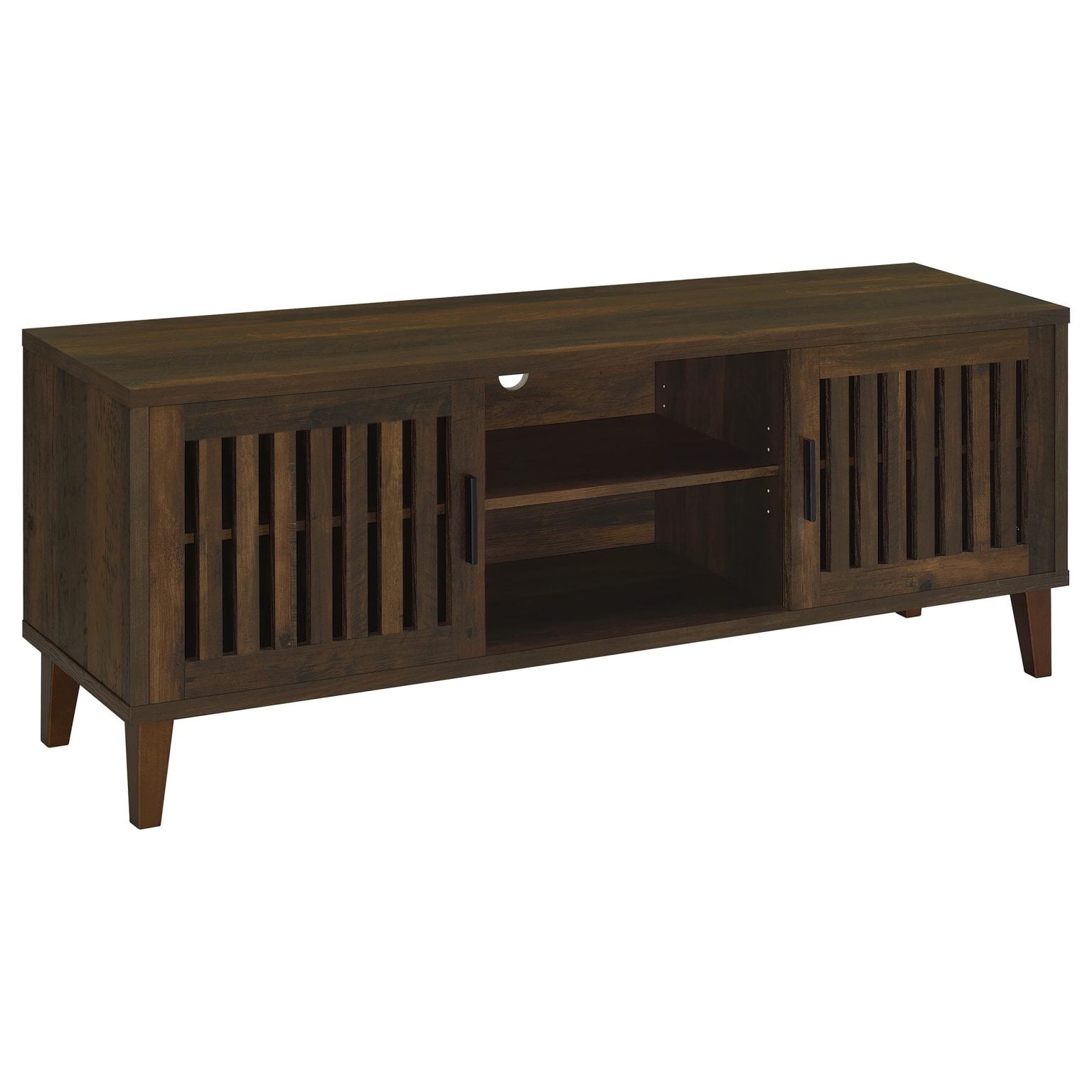 Sedona 60-inch TV stand in dark pine wood, three-quarter angle view