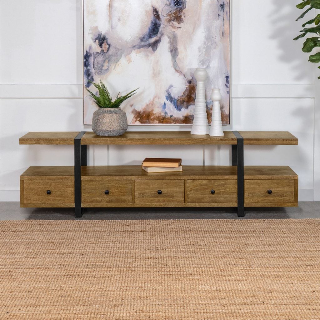 Otto 70-inch TV stand in brown mango wood, straight front view